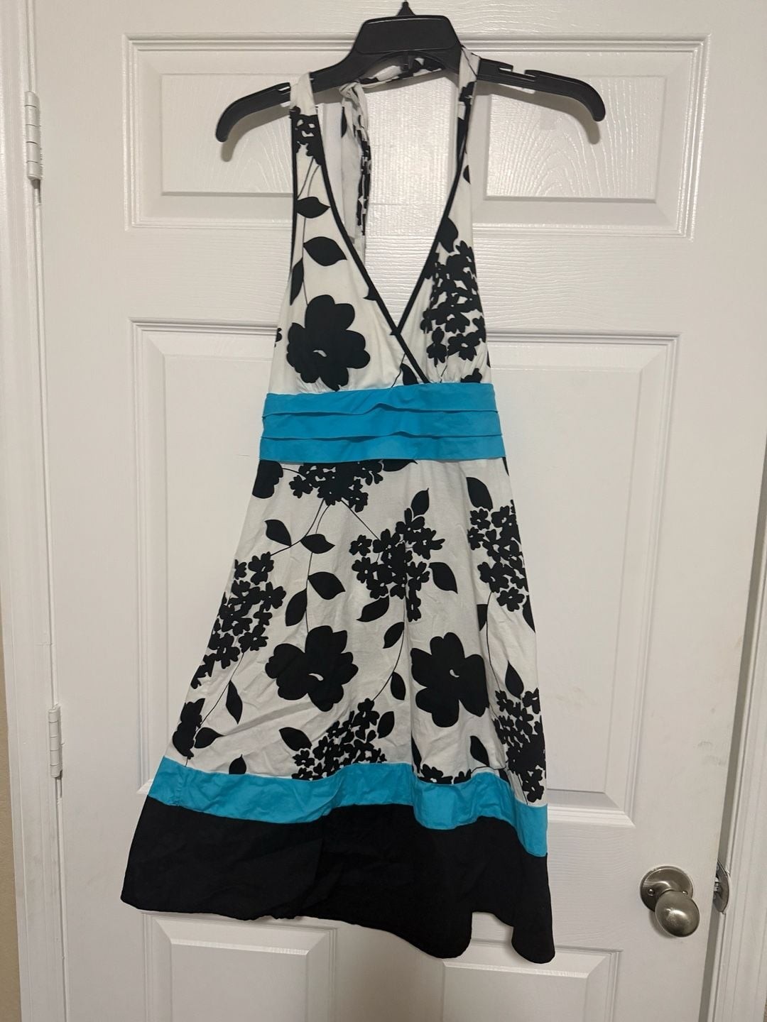 Trixxi Juniors Black and White Floral Print Halter Dress with Teal Sash