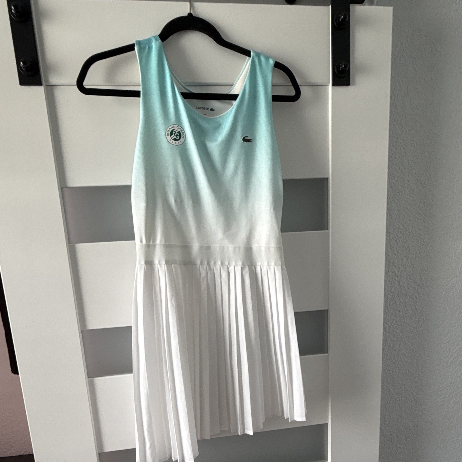 Lacoste Roland Garros Womens Tennis Dress Colorblock White/Blue Pleated 40