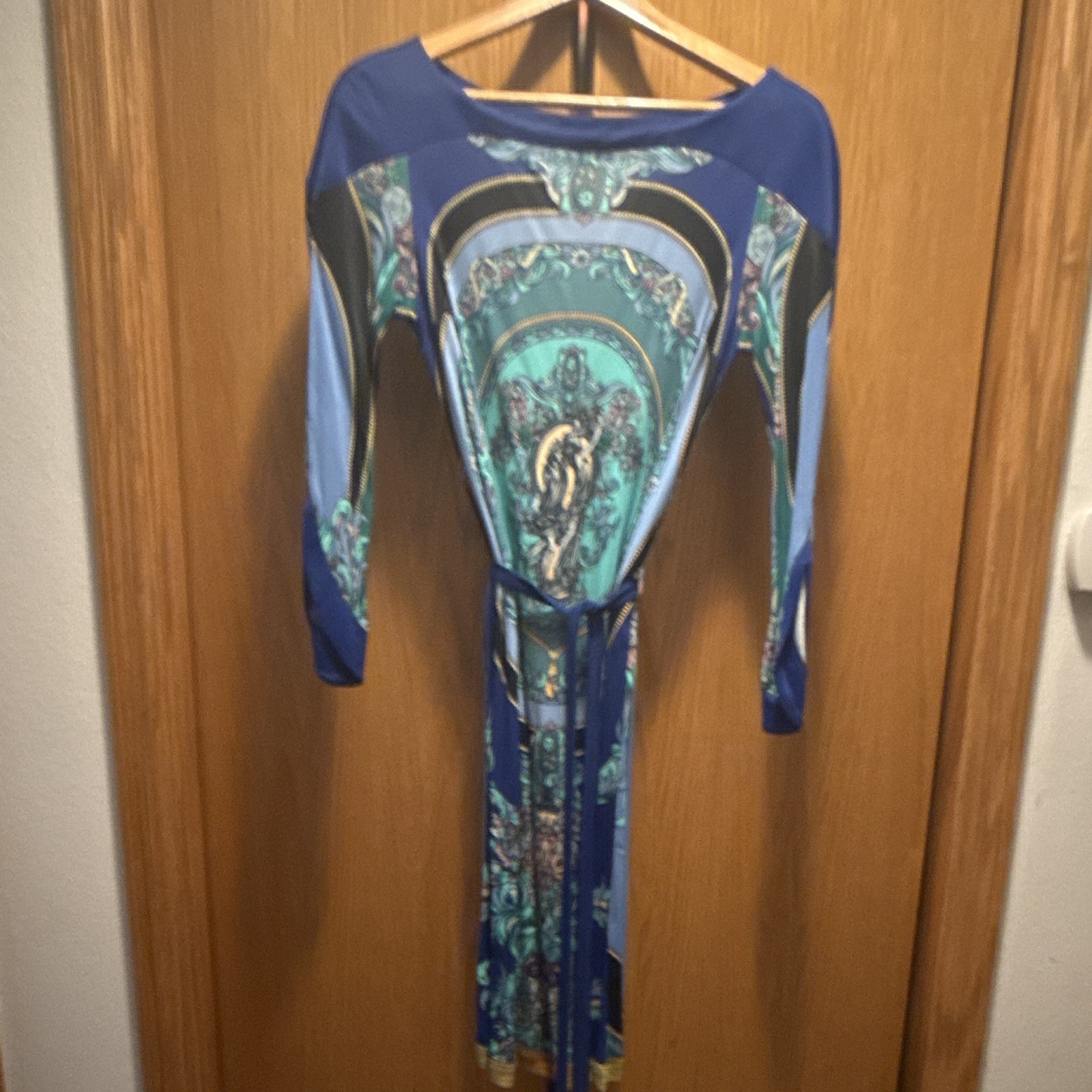 Versace Collection Women’s Blue Green Medusa Floral Satin Sheath Dress 40
