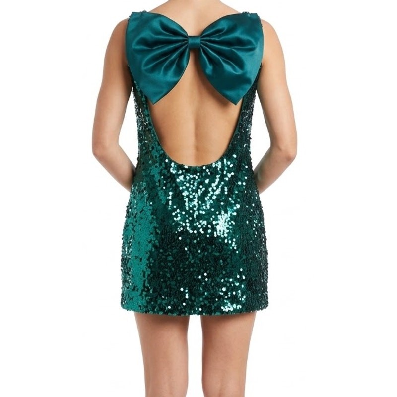 Vintage 70s 80s Emerald Green Sequin Open Back Bow Mini Dress size M de la Hooke