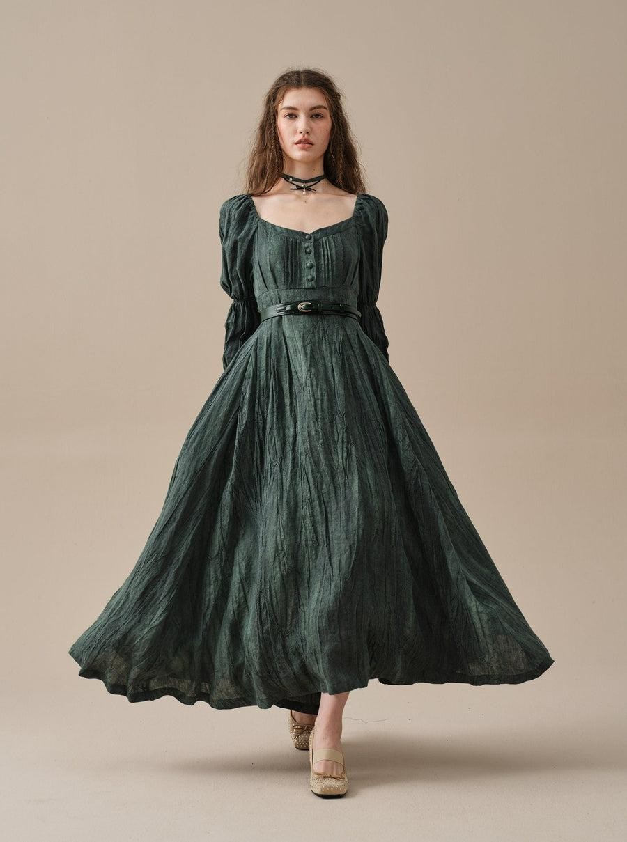 LINEN NAIVE Phoenix Regency Lace-Up Maxi Dress Gown Teal Green Tie Dye Small 4/6