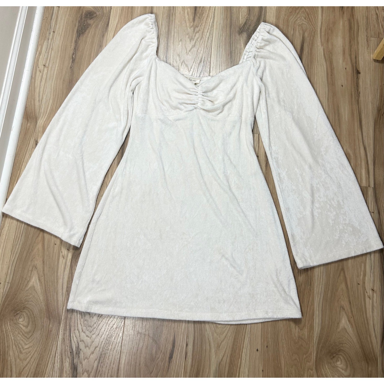 Velour Ruched Bust Bell Sleeve Mini Dress Large Cream Holiday Party Romantic