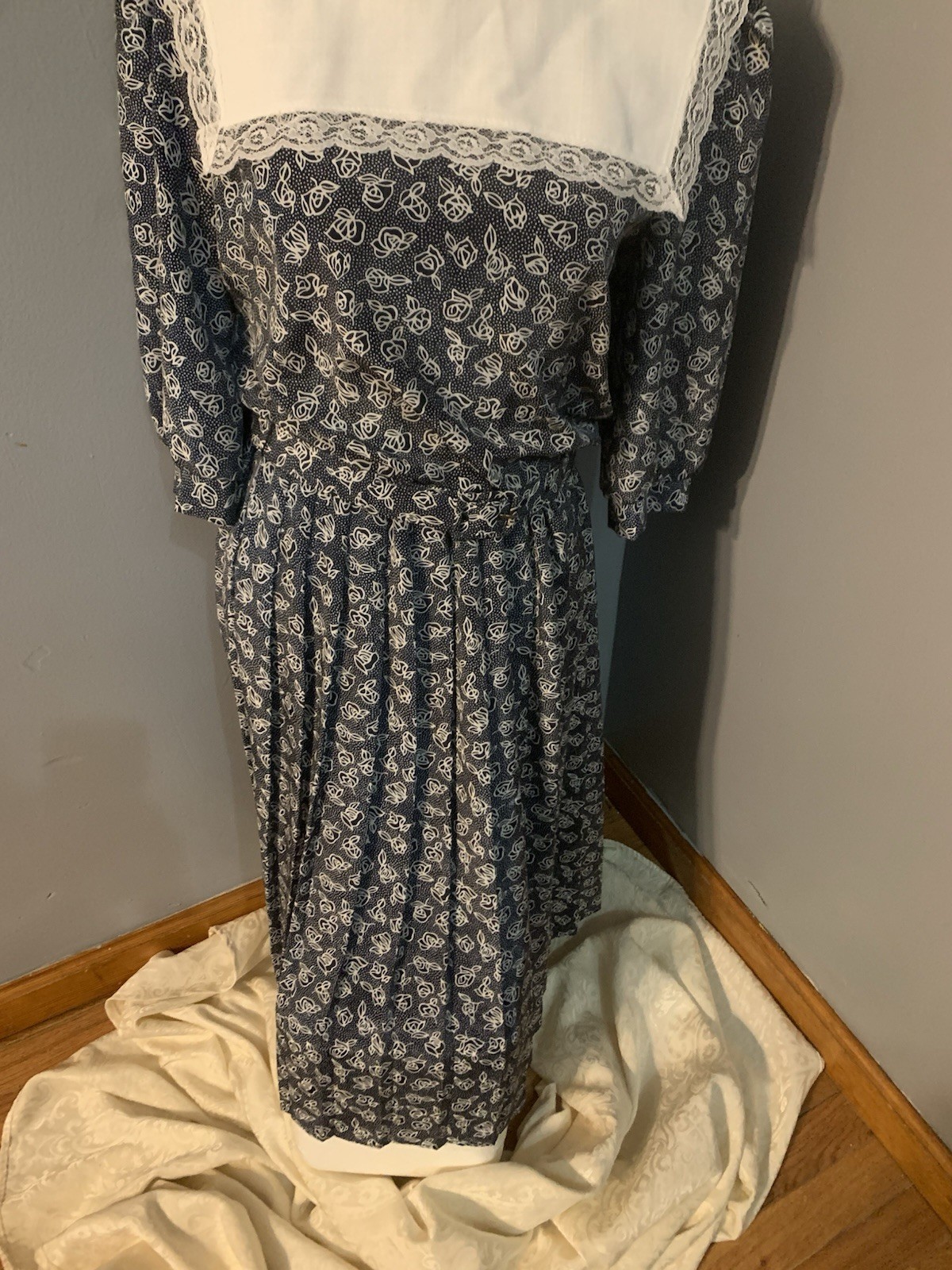 VTG 80s Breli II Lace Collar Cottage Core Prairie Dress Blue White Floral Sz 8