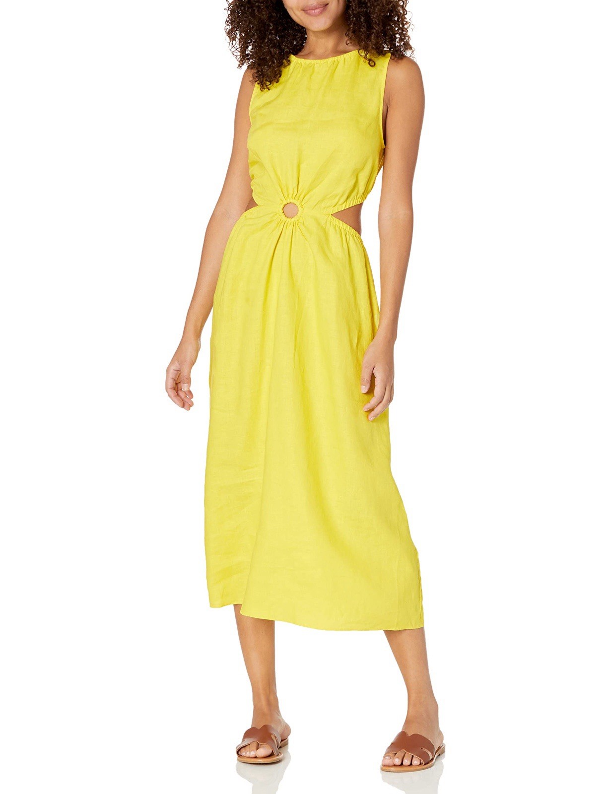 New The Drop Women’s Sade 100% Linen Cut-Out Midi Dress Med Yellow Resort Wear