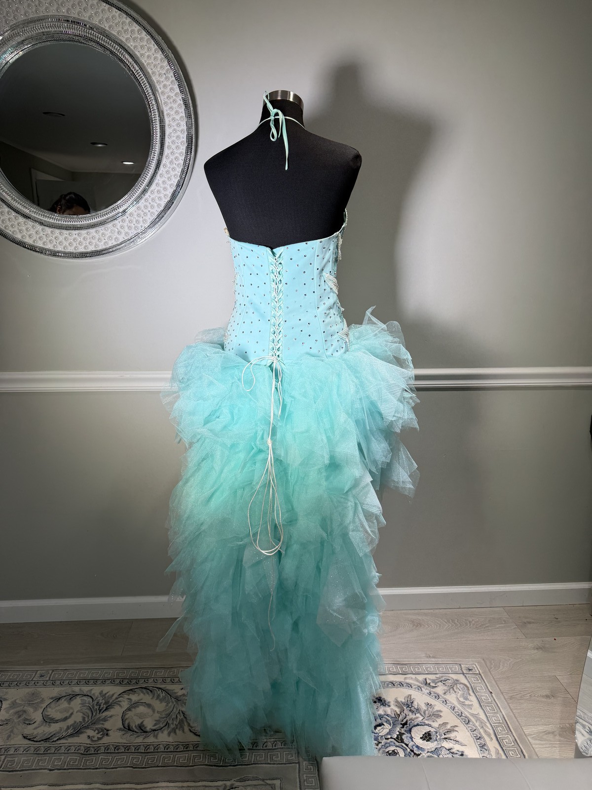 Mint Rhinestone Beaded Corset Strapless Tulle Mini Gown Size 10-12