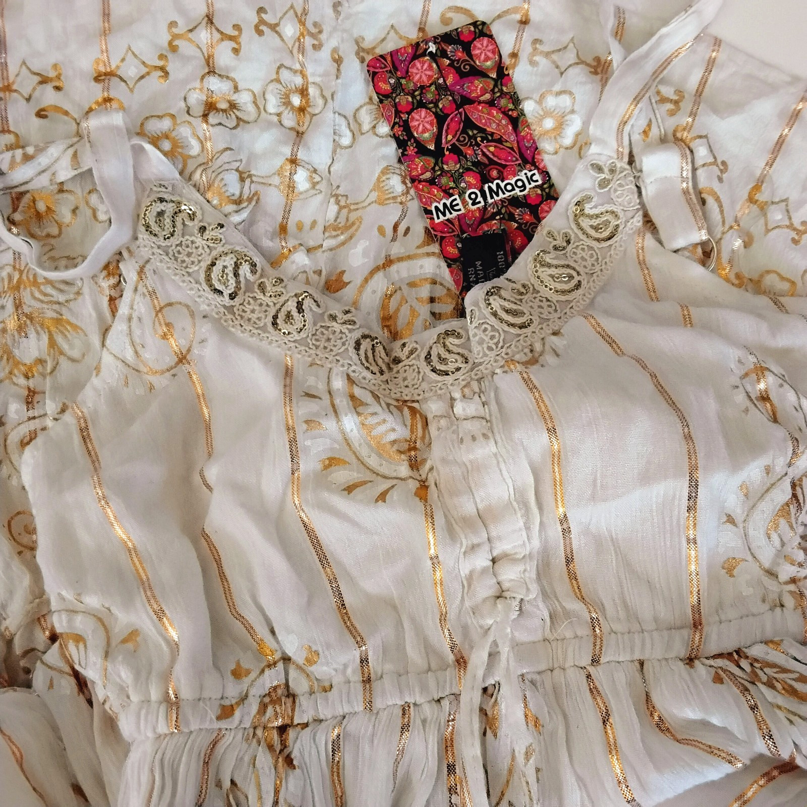 NWT Me 2 Magic Anthropologie Maxi Dress S Ivory Gold Lurex Smocked Embroidered