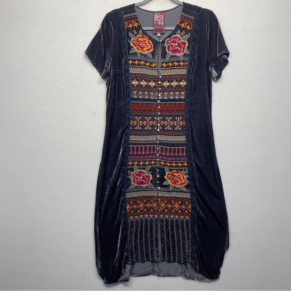Johnny Was Rebekah Velvet Button Down Djellaba Midi Dress JWLA M Rayon Silk Blen
