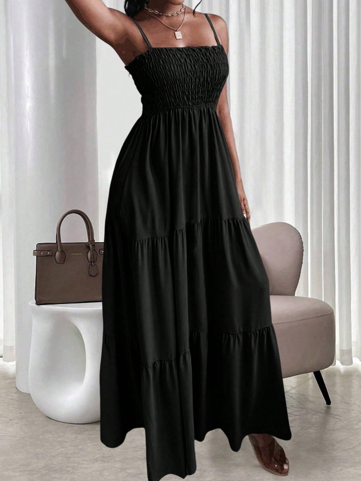 Ladies Ruched Flounce Trim Maxi Dress