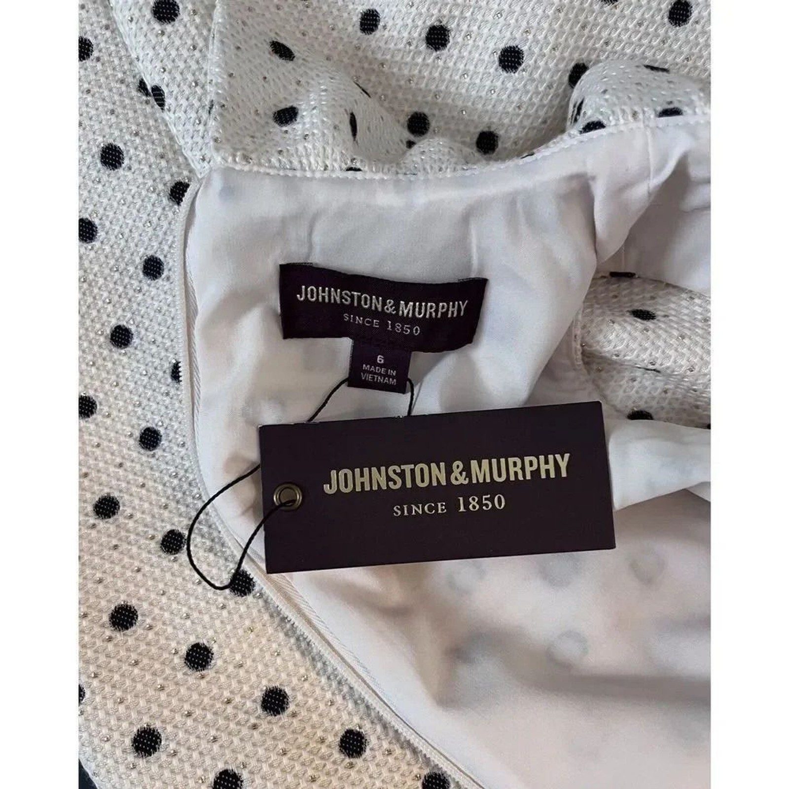Johnston & Murphy Cream Navy Mini Gold Polka Dot Fit and Flare Dress Size 6 NWT