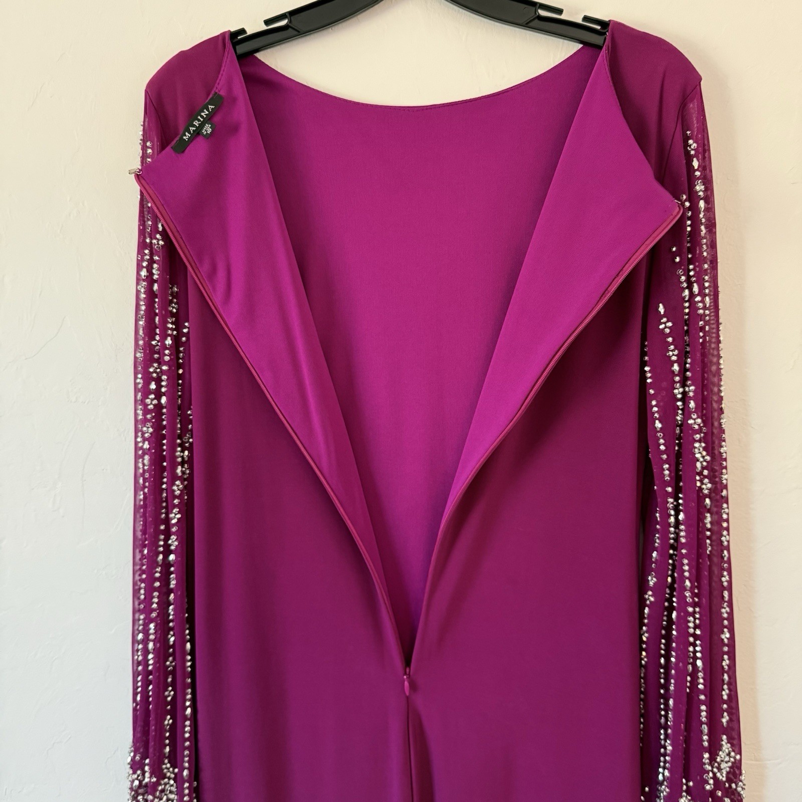 VTG Marina Rouched Knee Length Beaded Trim Dress Women’s 10 Sheer Sleeves READ