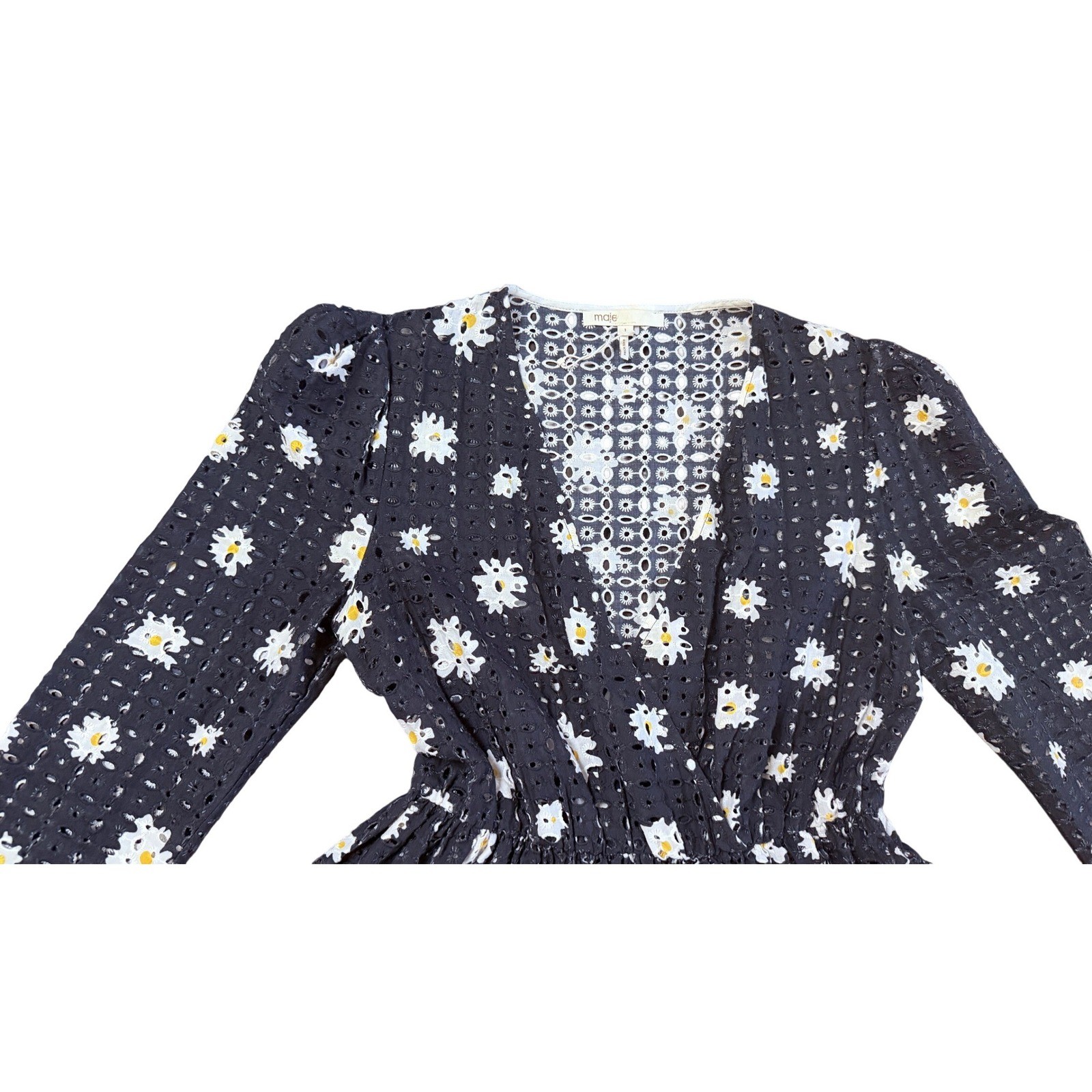 Maje Rayom Black Daisy Eyelet Mini Dress Long Sleeve Floral Sz 1 S ( no liner)