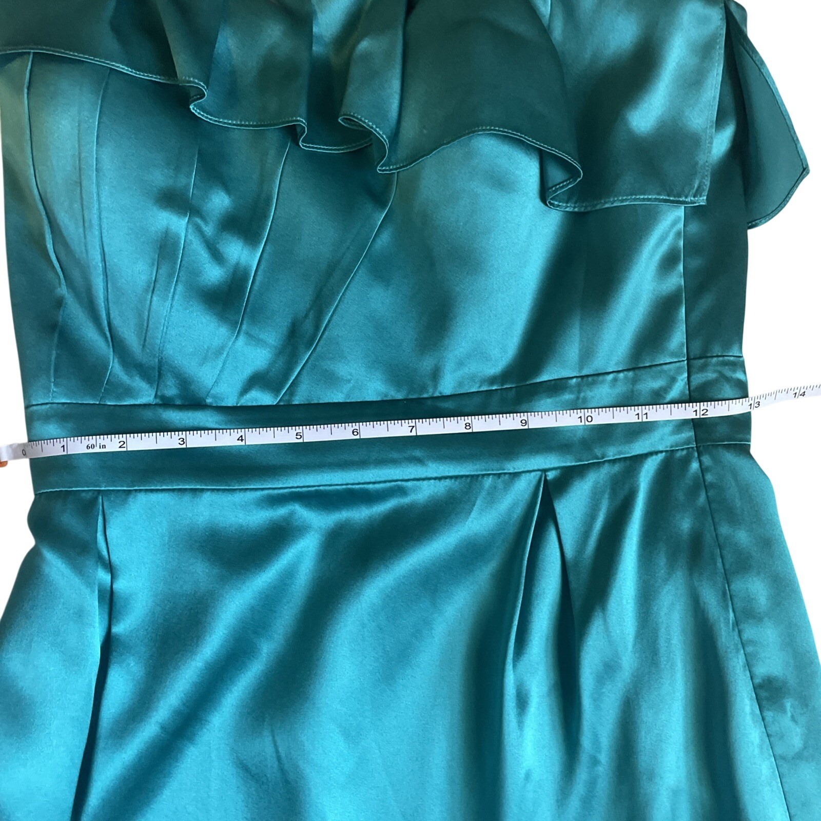 100% Silk Women Sz 2 Teal Strapless Mini Ruffle Neckline Dress 🩵 Party Cocktail