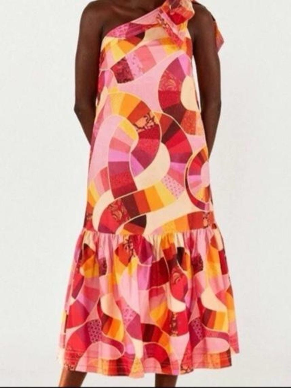 FARM Rio Patch Twirl One-Shoulder Ruffle Midi Maxi Dress XS Organic Cotton Twill