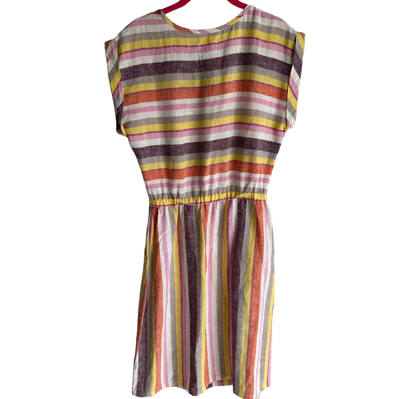 CASLON Multicolor Short Sleeve Striped Ladies Linen Blend Pullover Dress, XS