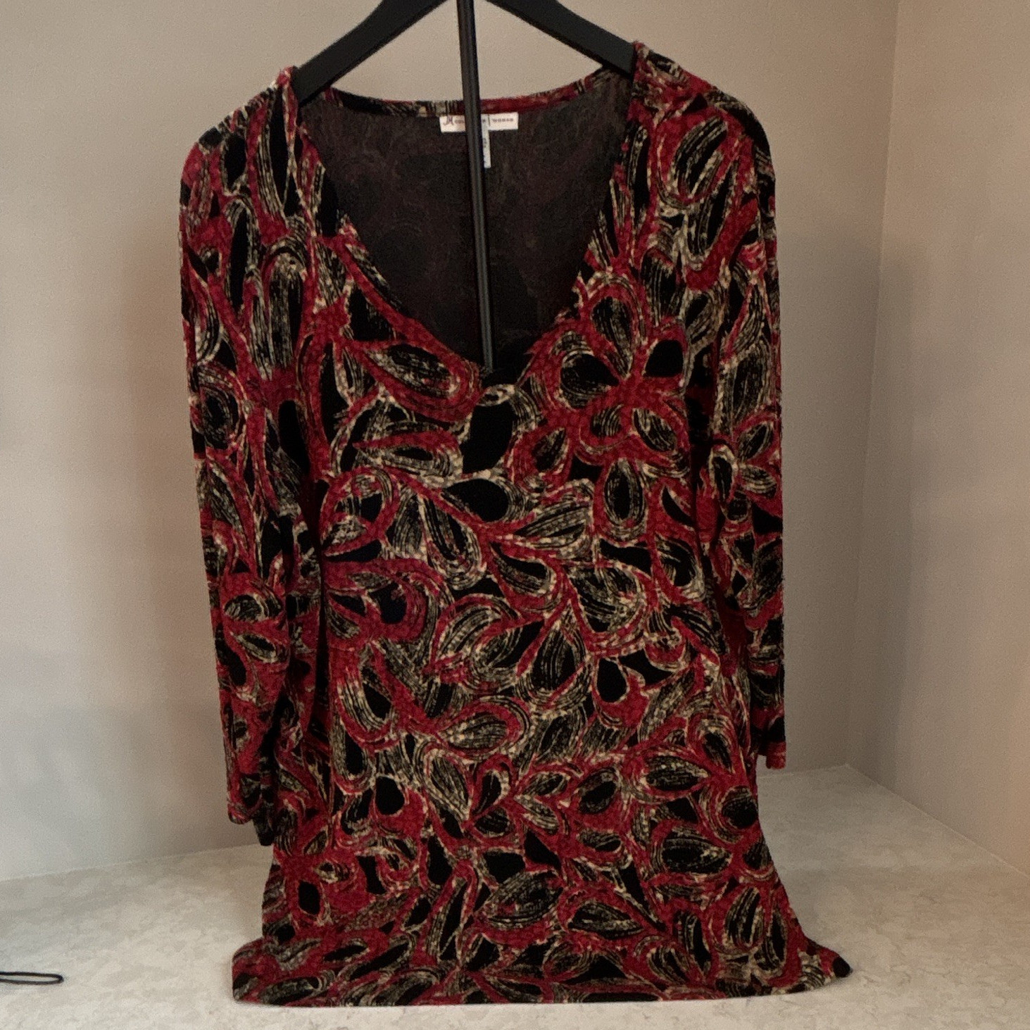 JM Collection 2X Plus Tunic Dress V-Neck 3/4 Sleeve Velvet Burnout Floral