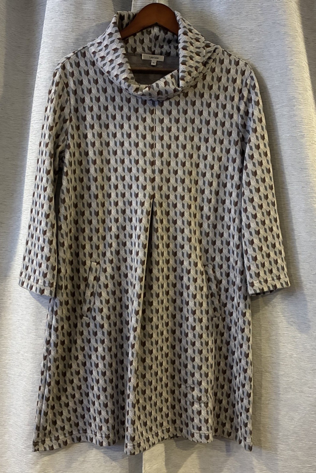 Tyler Boe Womens XL Blue Brown White Geometric Kim Cowl Neck Pockets Dress
