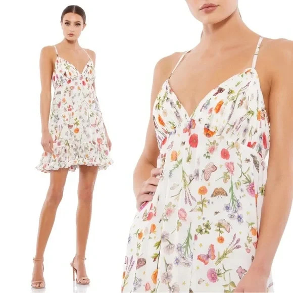 Ieena Mac Duggal White Multi Butterfly Print Ruffle Hem Mini Dress Size 6 $238