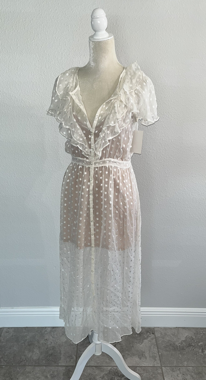 FOR LOVE AND LEMONS Firecracker Button Ruffle Midi Dress Cream Sheer Star S New