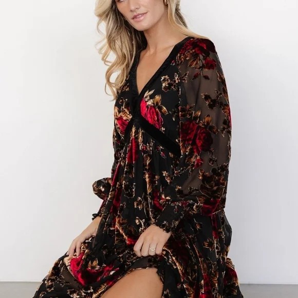Baltic Born Adele Velvet Goth Burnout Maxi Floral Red Black Boho Dress In Bloom