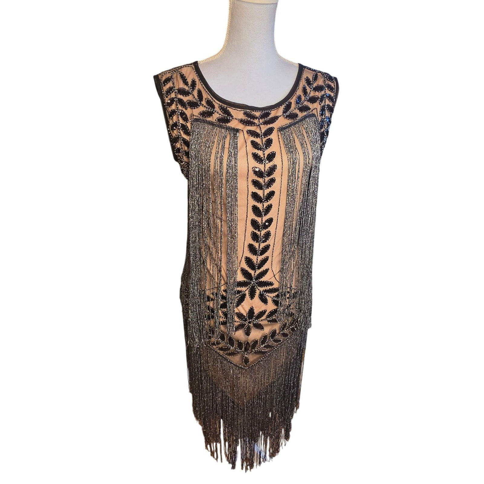 Great Gatsby 1920s Flapper Dress M Beaded Sequin Fringe Roaring 20s Party Gown