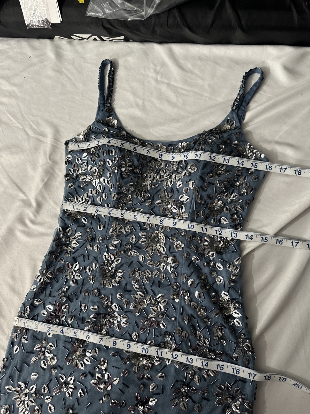 NWT Mac Duggal [ 4 ] 5477 Floral Embellished Scoop Neck Gown Slate Blue #S1248