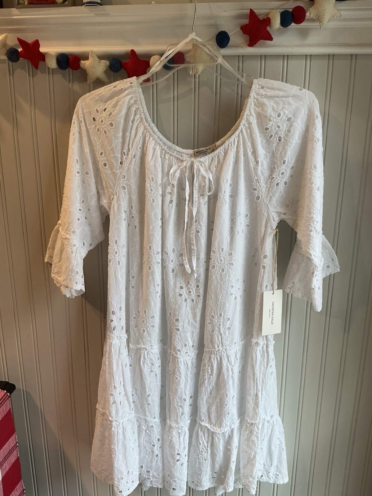 VALENTINA NALDI, EMBROIDERED EYELET, TIERED DRESS, LINED, WHITE, COTTON, NWT.