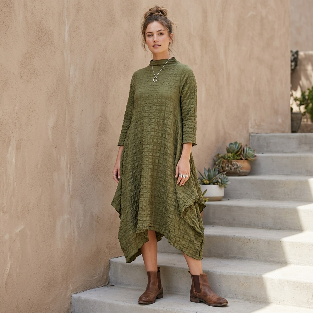 IC Collection Bubble Check High Neck Dress XXL Olive Plissé Avant-Garde NWT