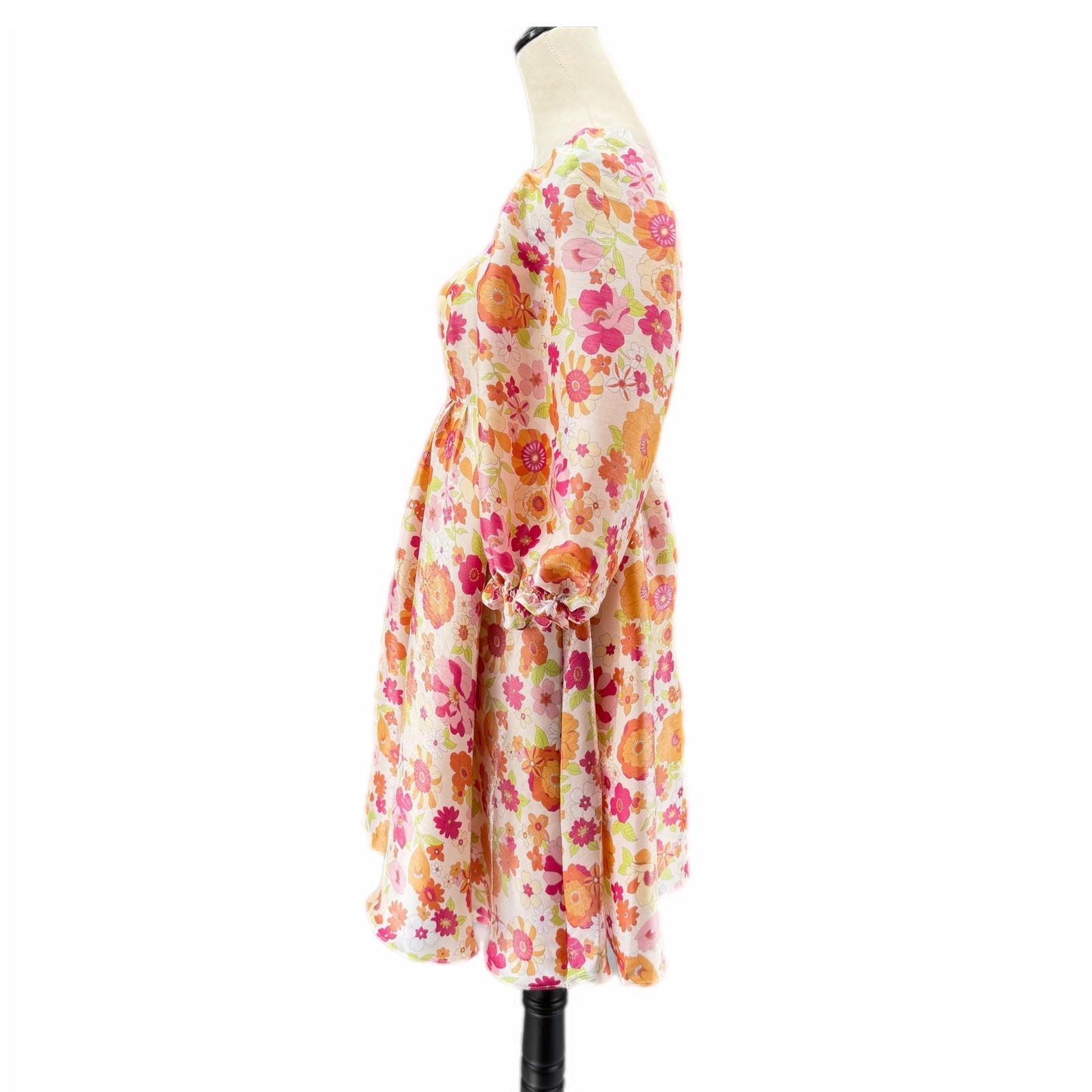 Storia M White Pink Shiny Floral Square Neck Puff 3/4 Sleeve Babydoll Mini Dress