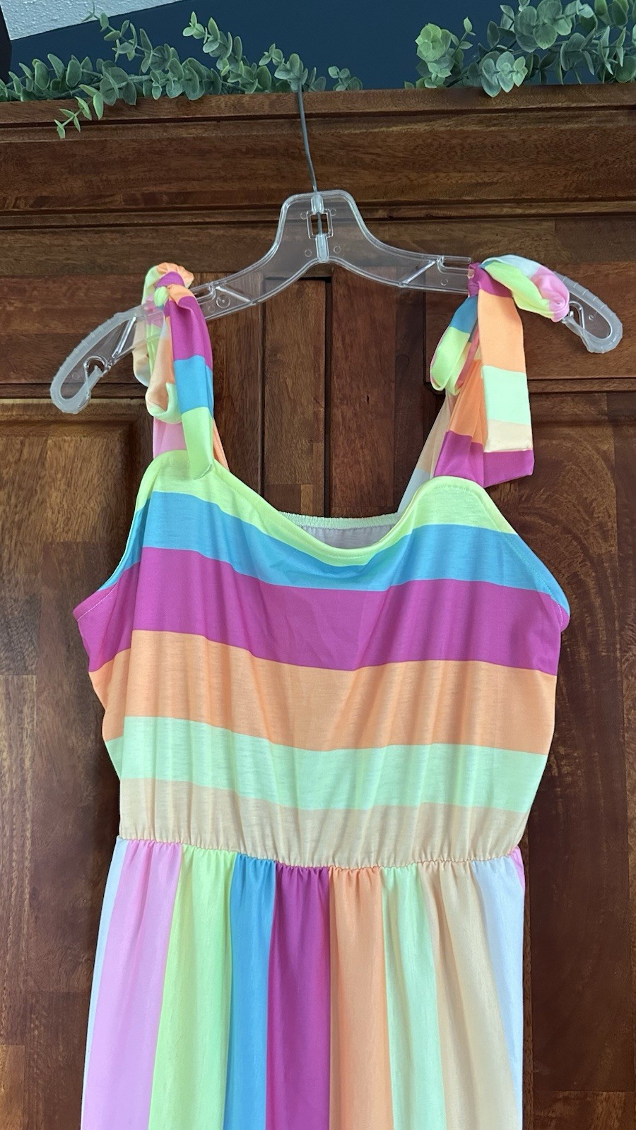 Multicolor Striped Maxi Sundress Bow Tie Straps Scoop Neck Stretch Sleeveless