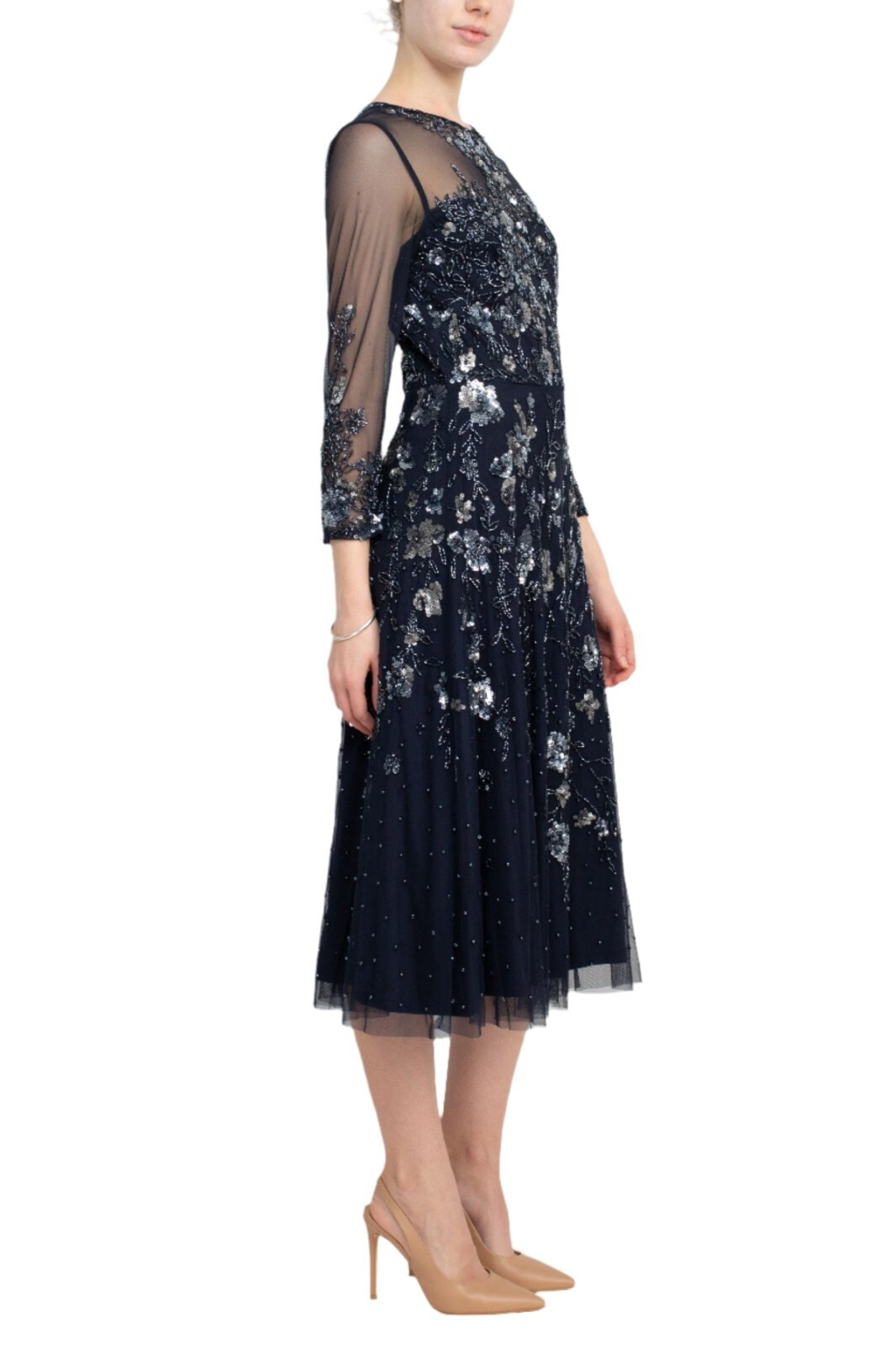 Adrianna Papell Floral Sequin Beaded Sheer Navy Dress NWT Size 6