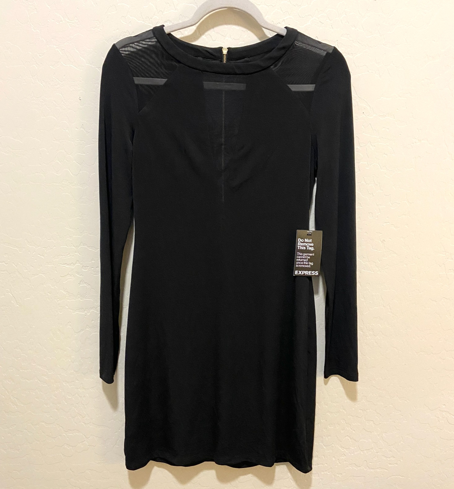 NWT Express Black Sheer Block Long Sleeve Bodycon Cocktail Party Dress Women’s S