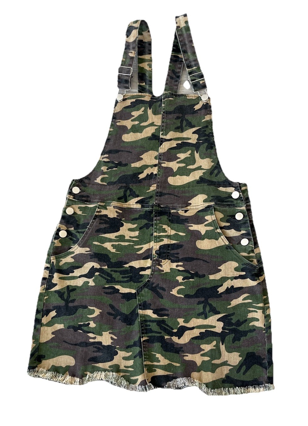 Camo Overall Women’s Large Army Green Pinafore Raw Hem Jumper Dress Adjust Strap