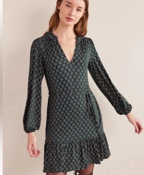Boden Dress Notch Neck Jersey Green Sunflower Geo Pockets Stretch Cottage Sz 6L