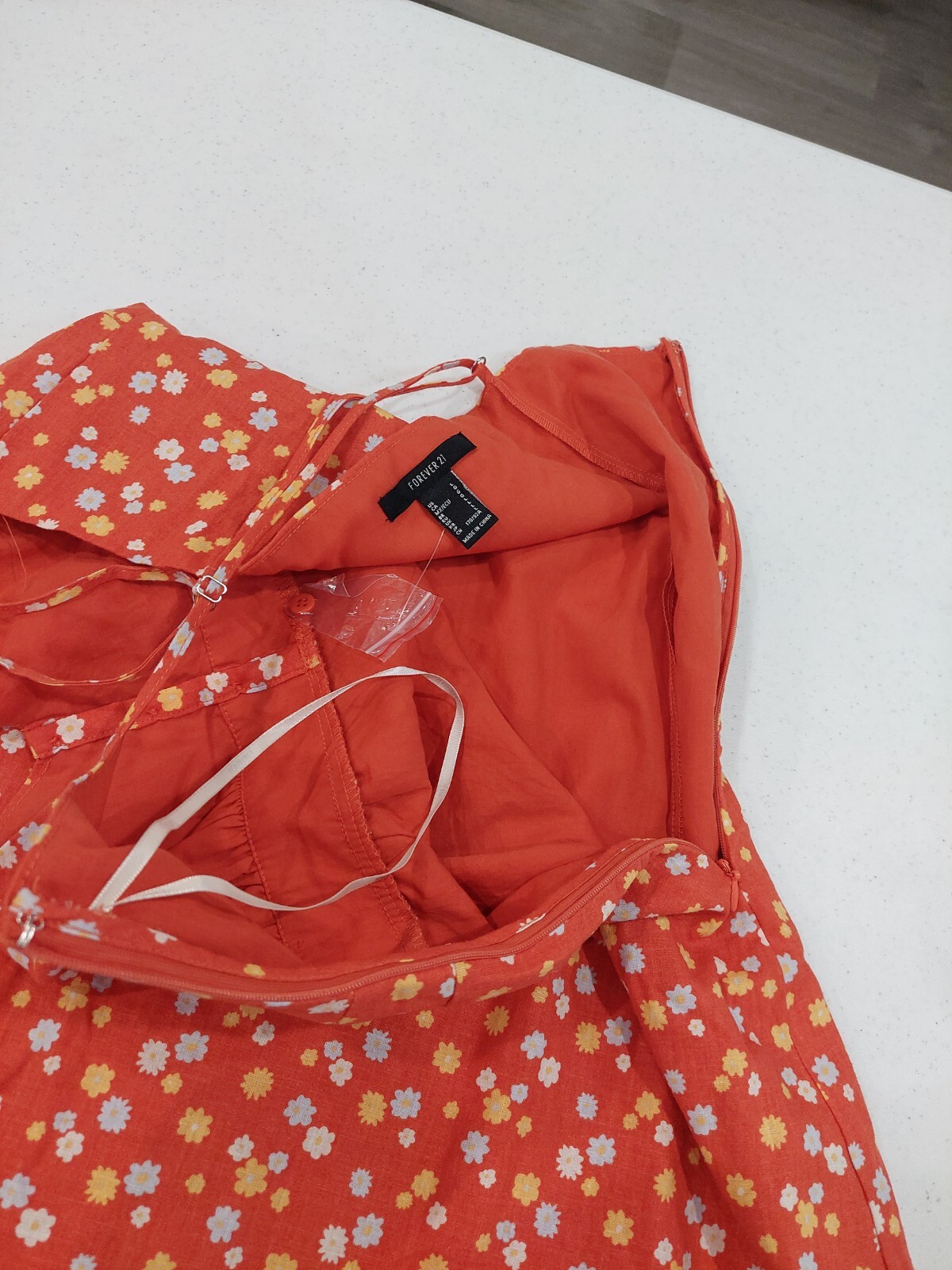 NEW Forever 21 Orange Sun Floral Spaghetti Strap Dress Size L Button Linen NWOT