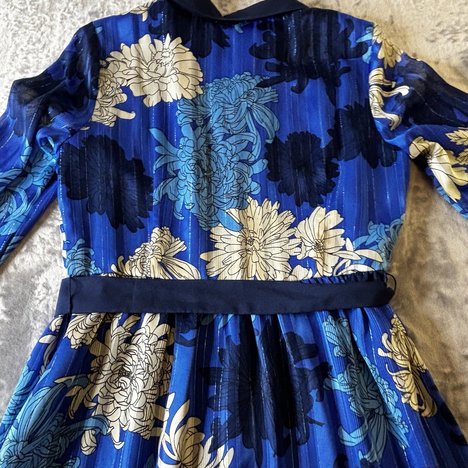 Lace & Mesh Dress Womens Medium Blue Floral Pleated Belted Button Front Career