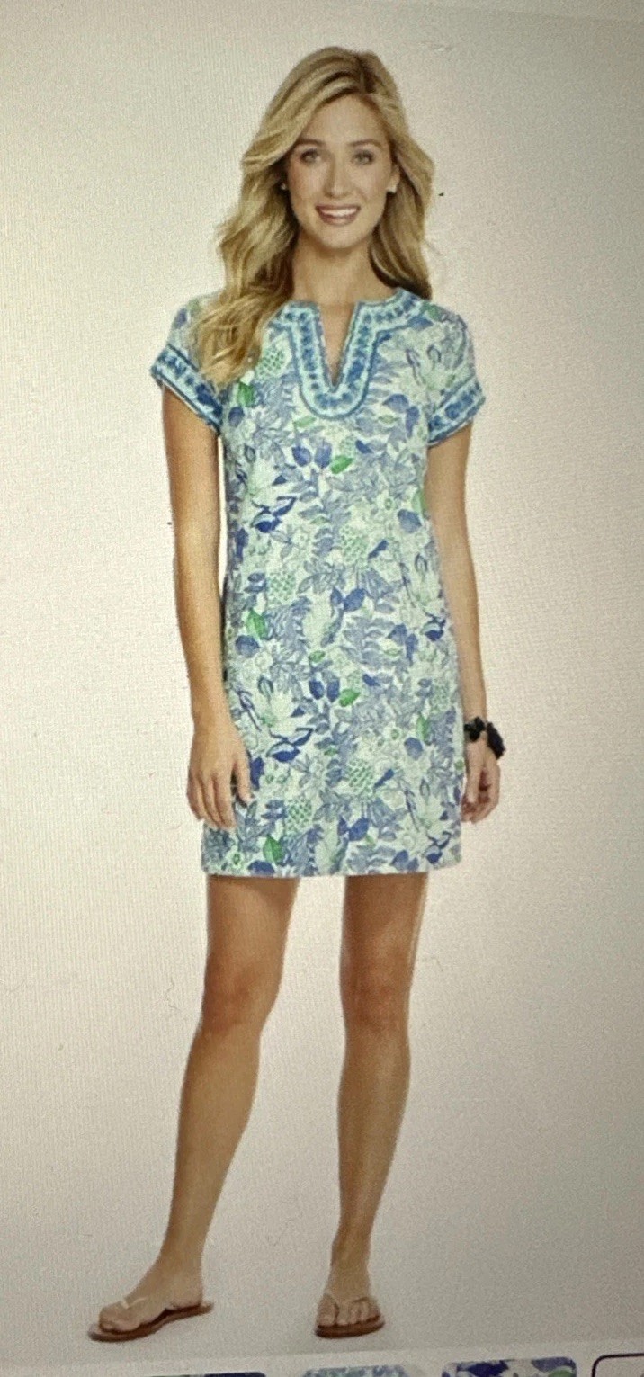 Vineyard Vines Blue Linen Blend Cordia Floral Bird Embroidered Tunic Dress Sz 4