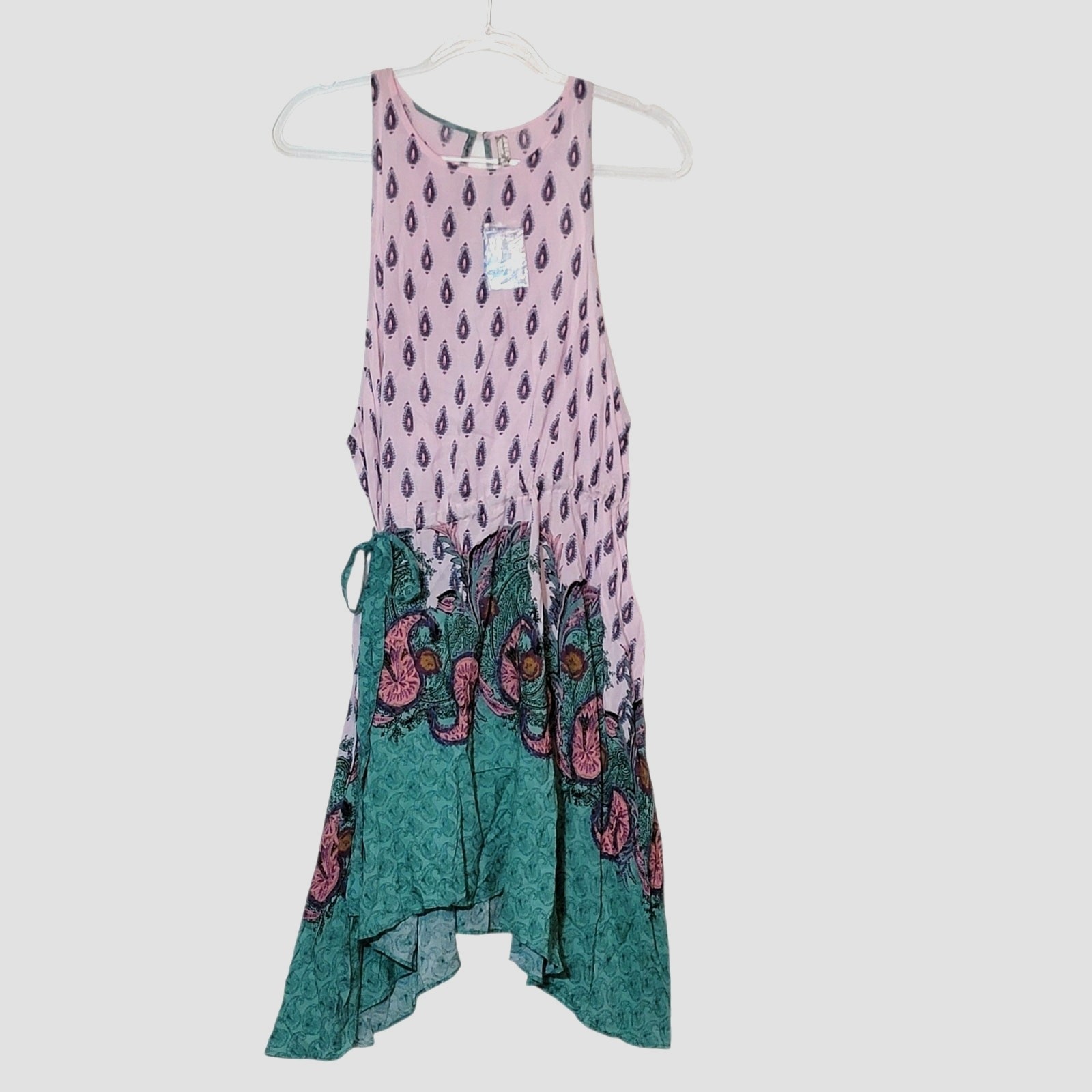 Free People NWT Paisley Boho Asymmetrical Tie Waist Dress Pink Teal Orange M