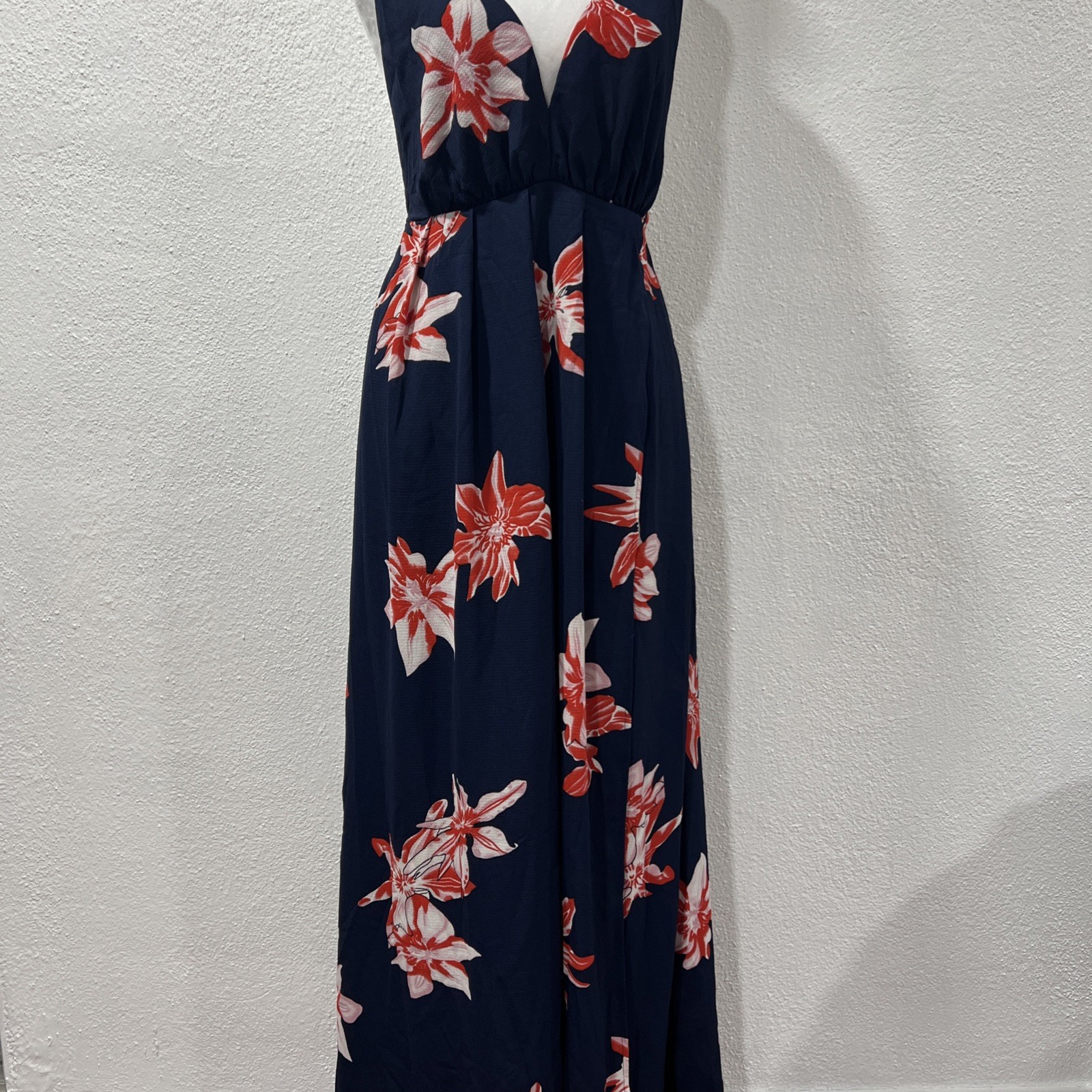 Simplee Floral Maxi Dress Large Navy Orange V-Neck Halter Mock Wrap High Slit