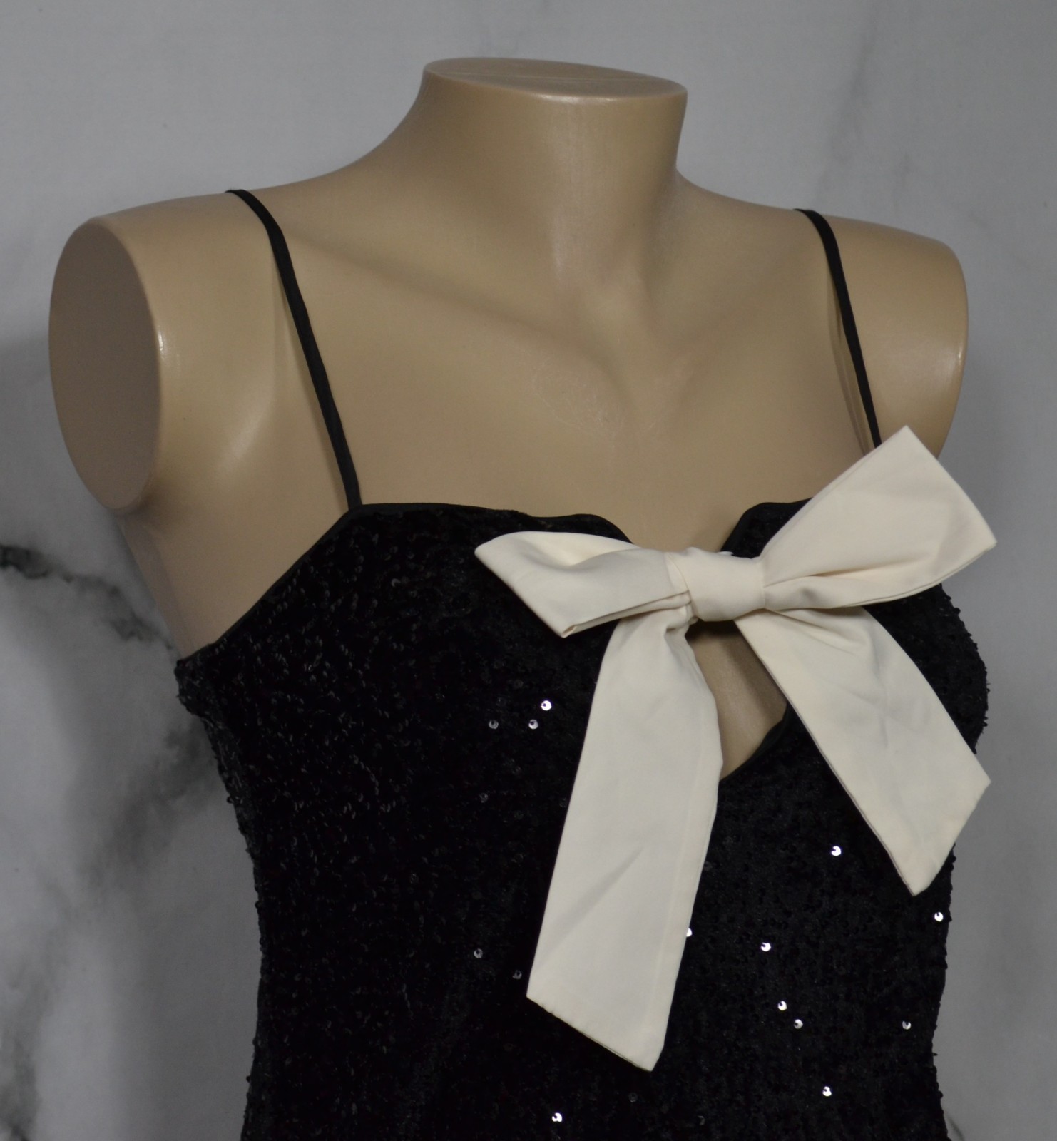 DIVIDED H & M NEW NWT Black Sequin Mini Dress XS Ivory Bow at Bust Adjust Straps