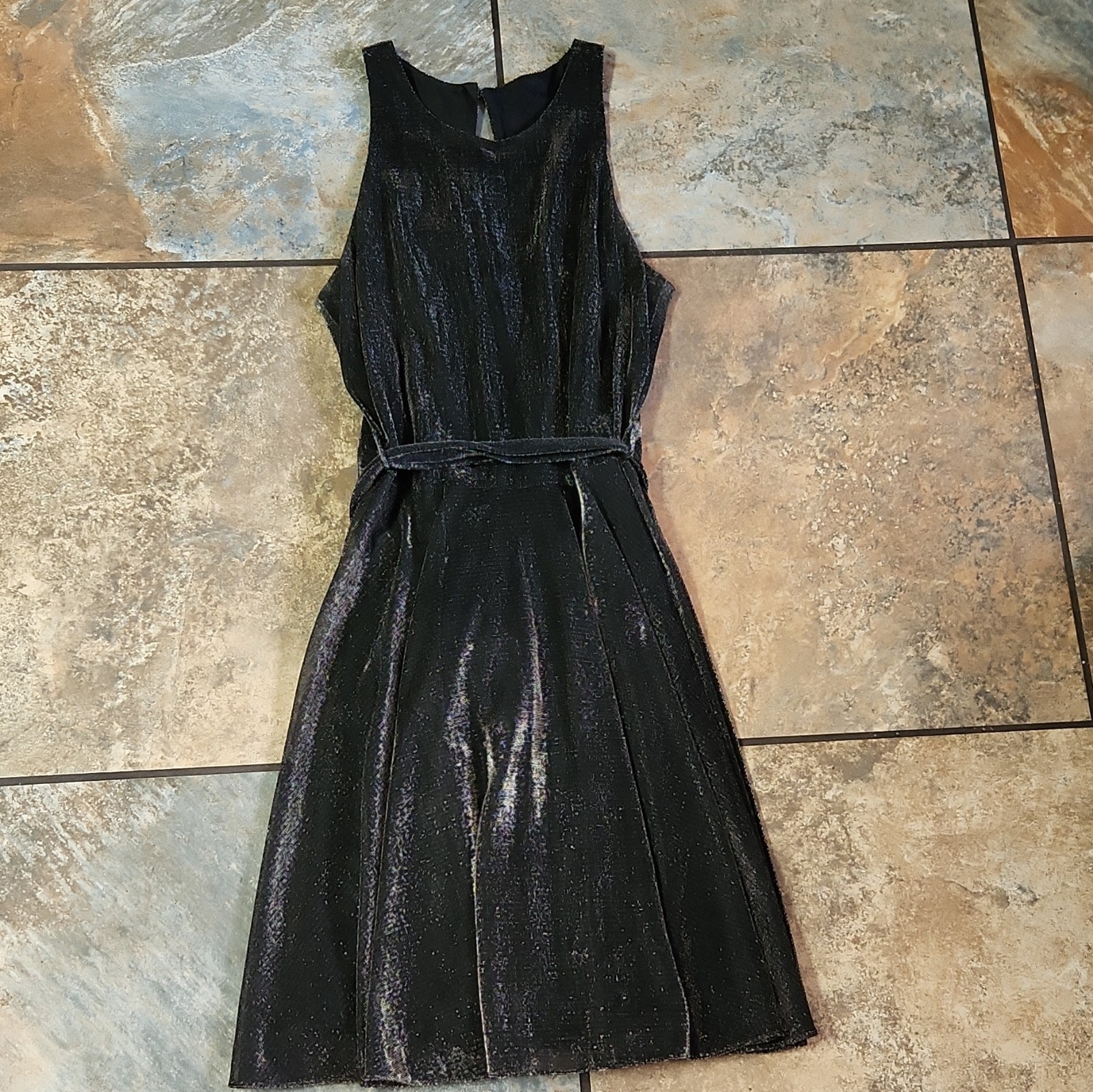 Joseph Ribkoff Black Metallic Fit & Flare Belted Knee Dress 8 Round Neck