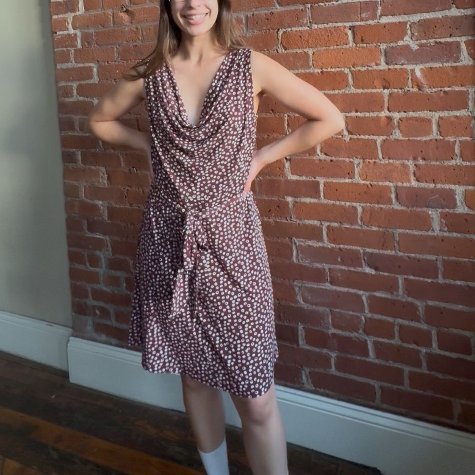 Sleeveless Cowl Neck Midi Dress in Maroon with White Dot Print
