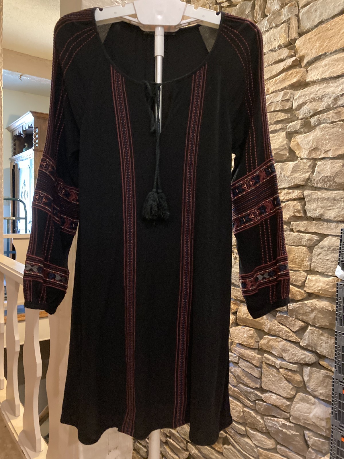 Miss Me Dress, Medium, Tunic, Boho, Peasant, tassels, Embroidery, LS, Lined