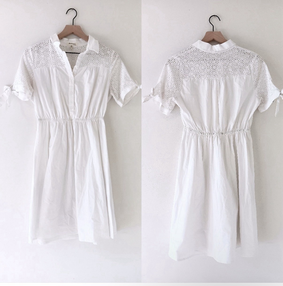 NEW MONTEAU White Eyelet Button Front Dress SMALL Short Sleeve Tie Cuff Women