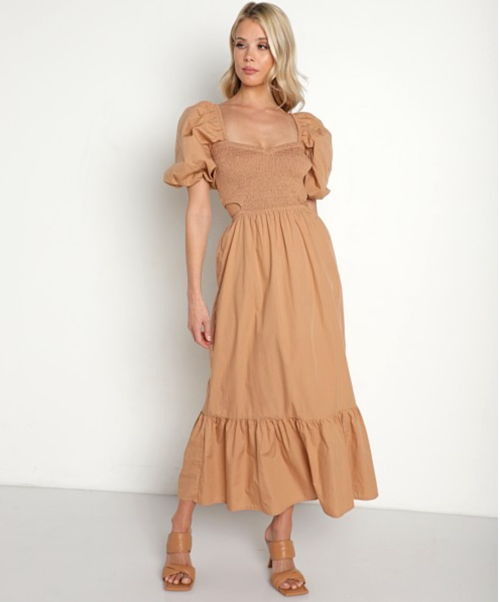 Anthropologie Faithfull The Brand Bloom Midi Dress Smocked Cut Out Beige 10 NWT