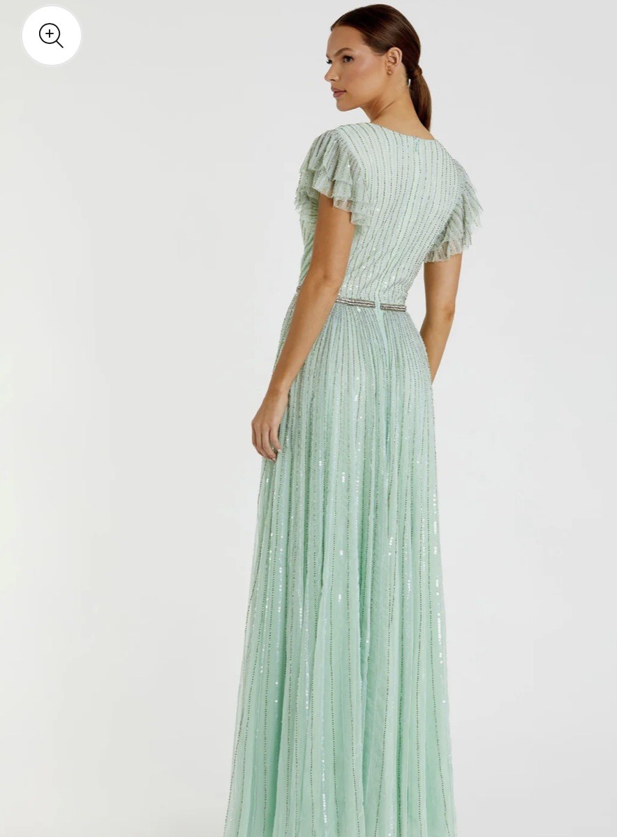 NWT 5502 Mac Duggal Sequined Wrap Over Ruffled Cap Sleeve Gown Seamist Size 6