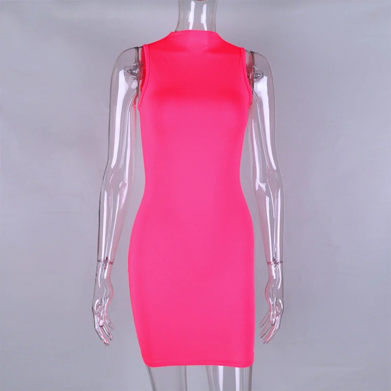 Neon Pink Halter Mini Dress Sexy Streetwear Sleeveless Bodycon Club Party Outfit