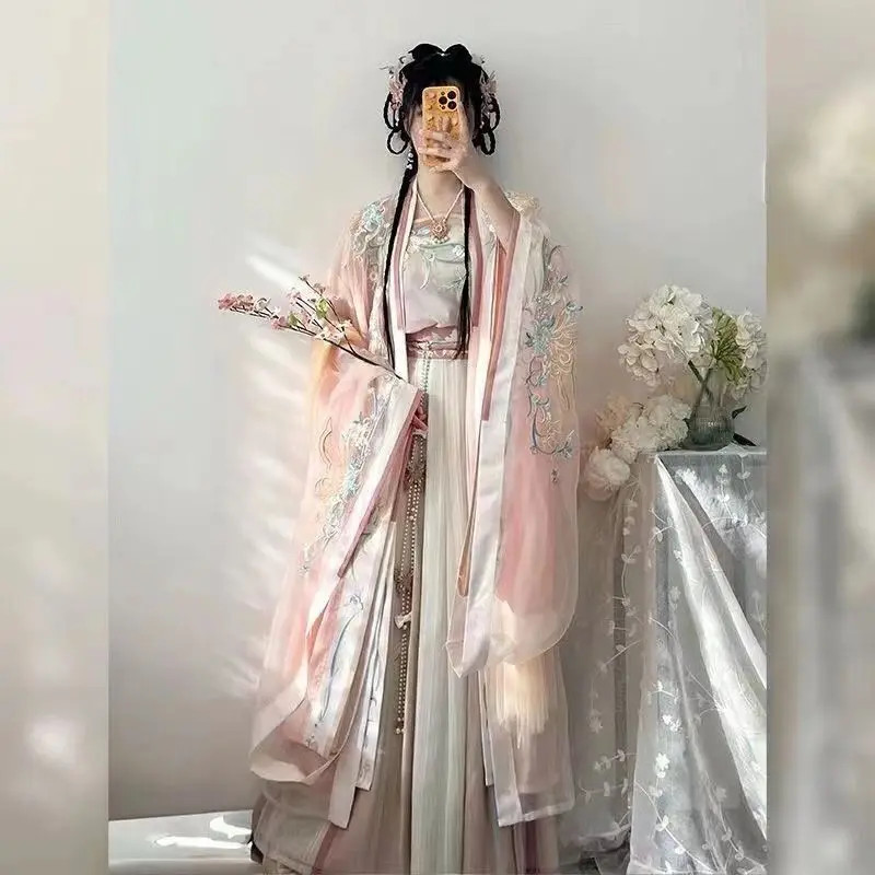 Big Sleeve Cape With Camisole And Pleated Skirt Chinese Style Embroidered Hanfu