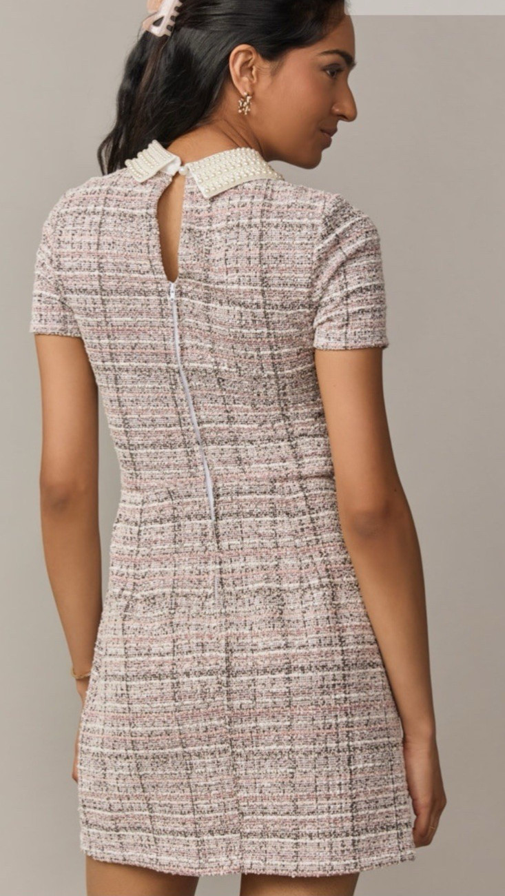 francesca’s Pink/White Plaid Tweed Pearl Collar Shift Mini Dress Short Sleeve L