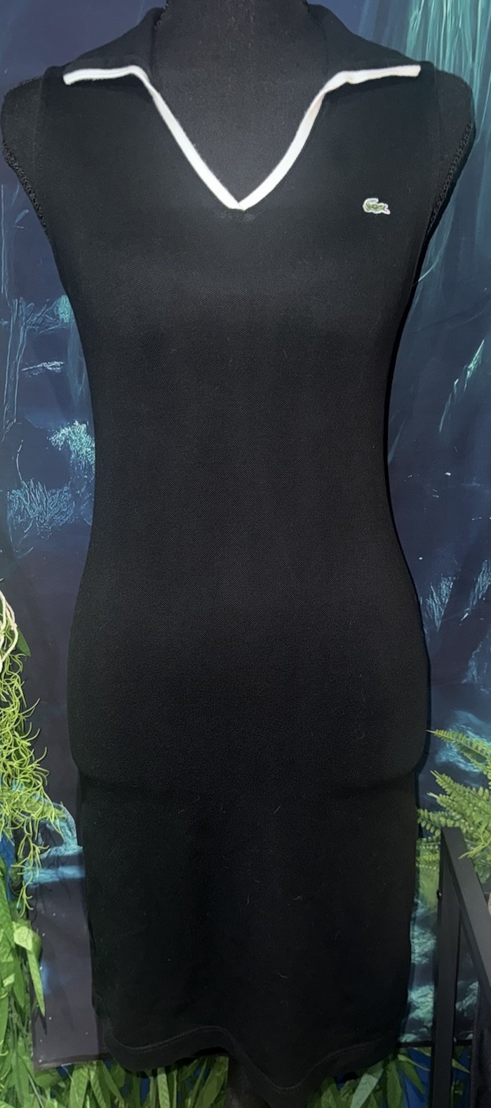 Lacoste Women’s Black/White Collared Knit Sleeveless Sheath Knee Dress 34 XS