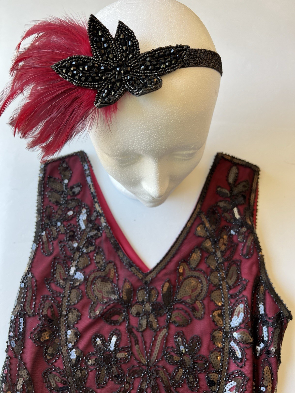 PrettyGuide 1920s Flapper Dress & Headband Set Burgundy Sequin Art Deco Fringe M